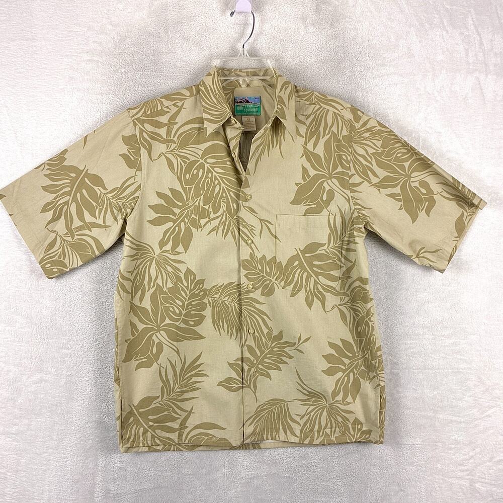 VTG Reyn Spooner Hawaiian Shirt Mens S Beige Palm AOP Tiki Aloha Camp USA